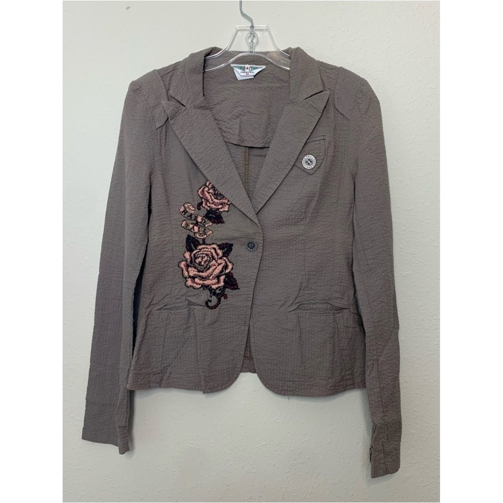 Hard Tail Forever Brown Textured Cotton Rose Embroidered Blazer Jacket M